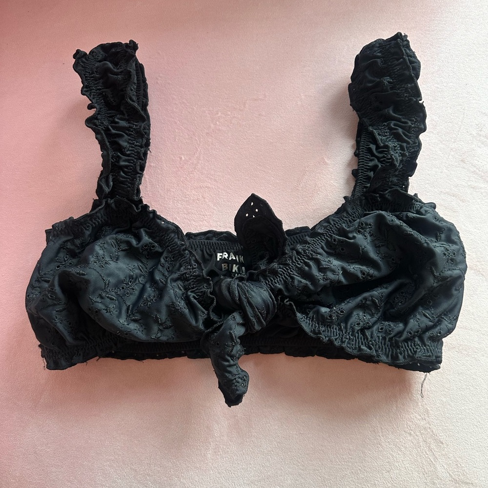 Frankie's Bikinis Black Colby Eyelet Ruffle Bikini Top